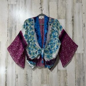 Analili Blue and Purple Floral Tie-Front Blouse